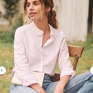 Sezane Gina Striped blouse button down shirt pink stripes lace crochet collar
